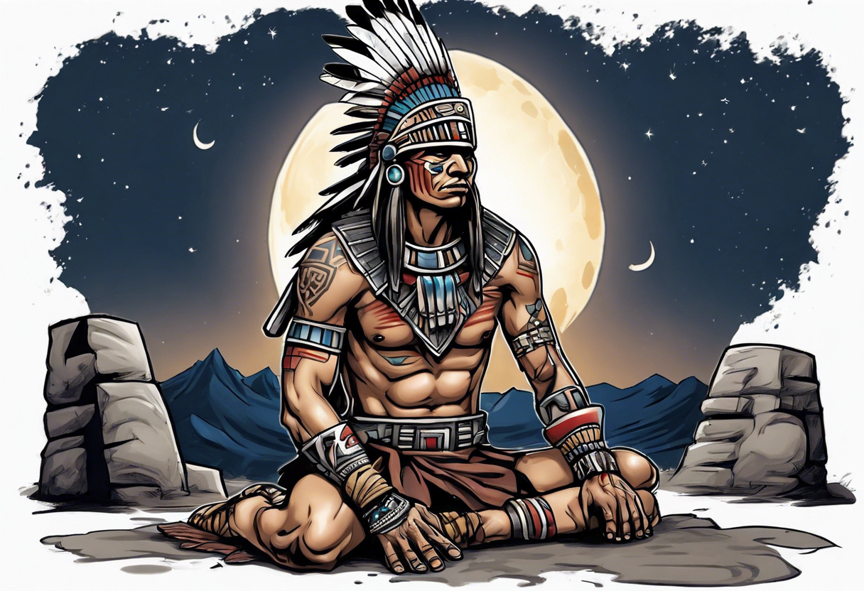 a heartbroken, tired, aztec warrior seeking peace after fighting for decades kneeling under the moonlight looking up to the sky tattoo idea