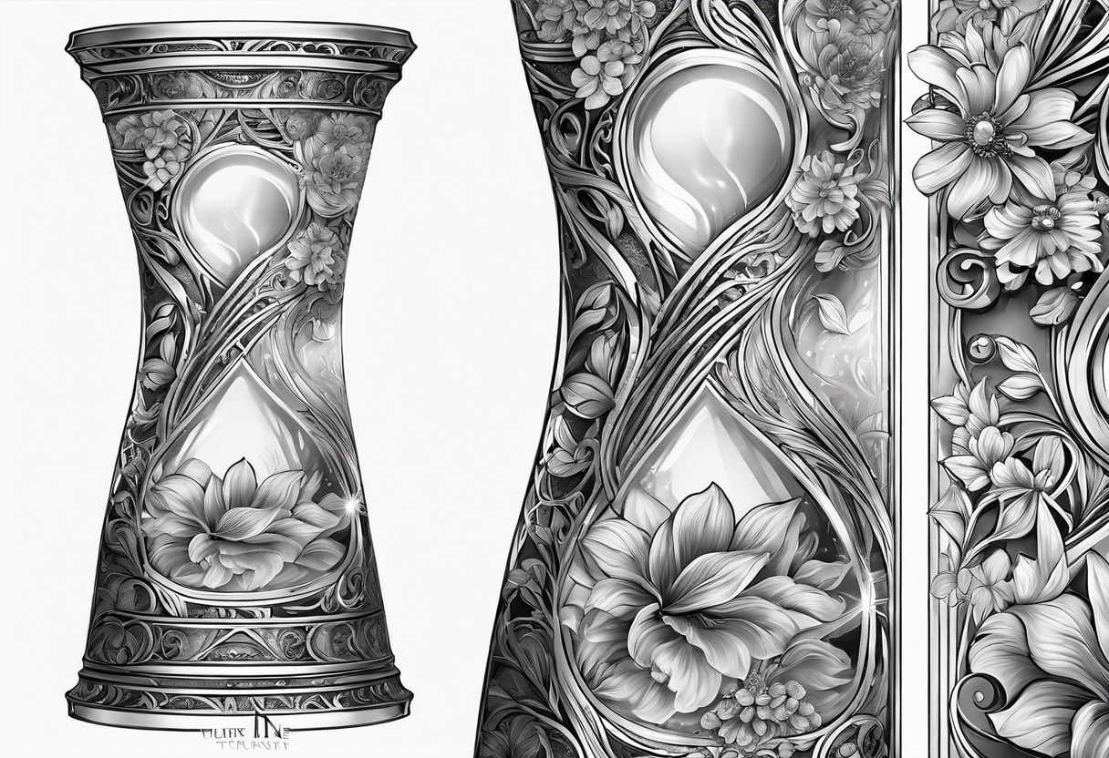 beautiful highly detailed hour glass full sleeve with floral elements and filigree for women, famine, intricate, stunning, tattoo idea