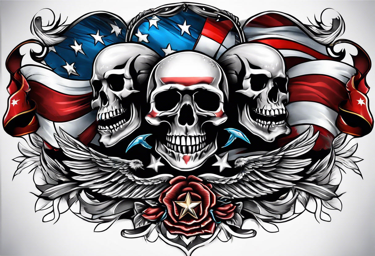 patriotic banner with skulls and birds tattoo idea