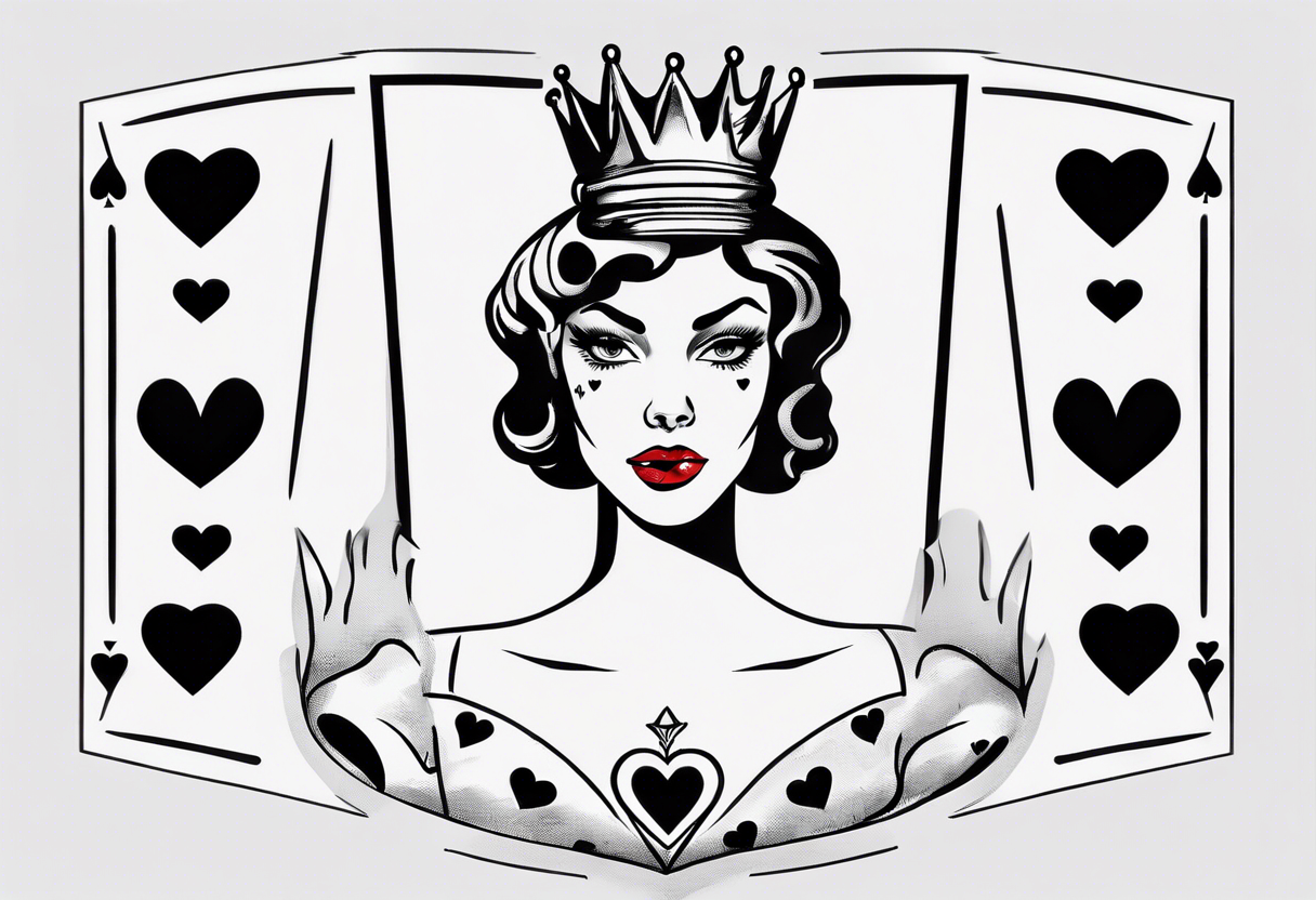 pin-up queen of hearts with a crown and eyes without pupils or irises tattoo idea