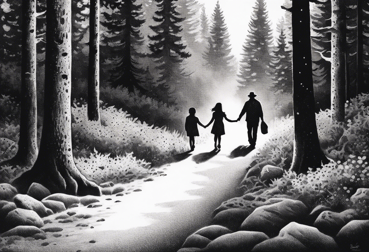 A shadow of a father and wife and young son and young daughter  walking through the Pacific Northwest Forrest.. Trust in God tattoo idea