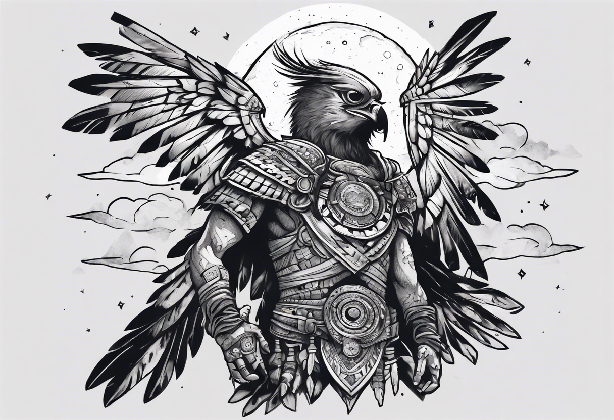 Aztec warrior gazing at the night sky in the moonlight as a harpy