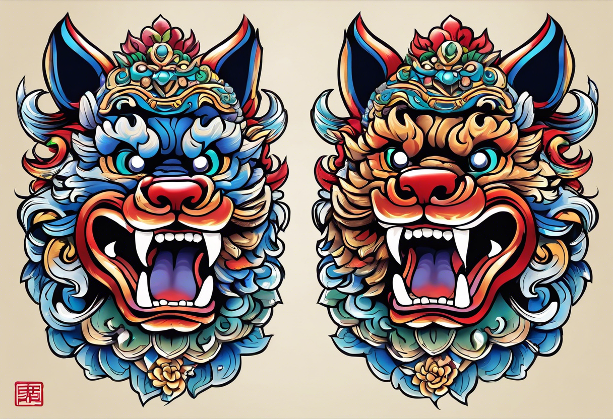 Okinawa-style pair of shisa dogs, one has an open mouth, one has a closed mouth, chest/pecs, Yakuza style, simple tattoo idea