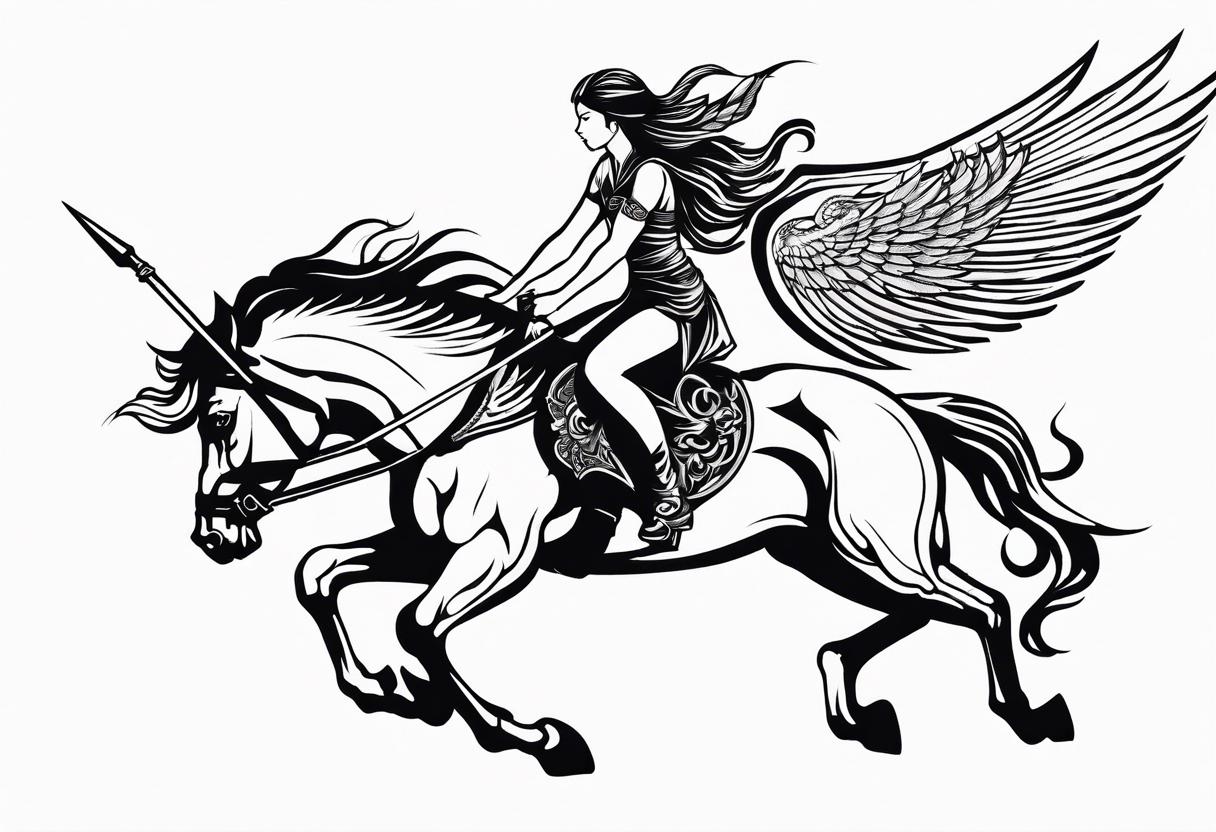 Valkyrie on winged Pegasus, flight, holding spear, looking down tattoo idea