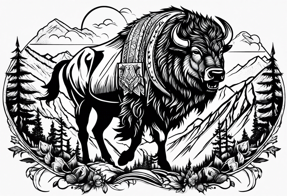 Mountains cowboy bison wolf tattoo idea