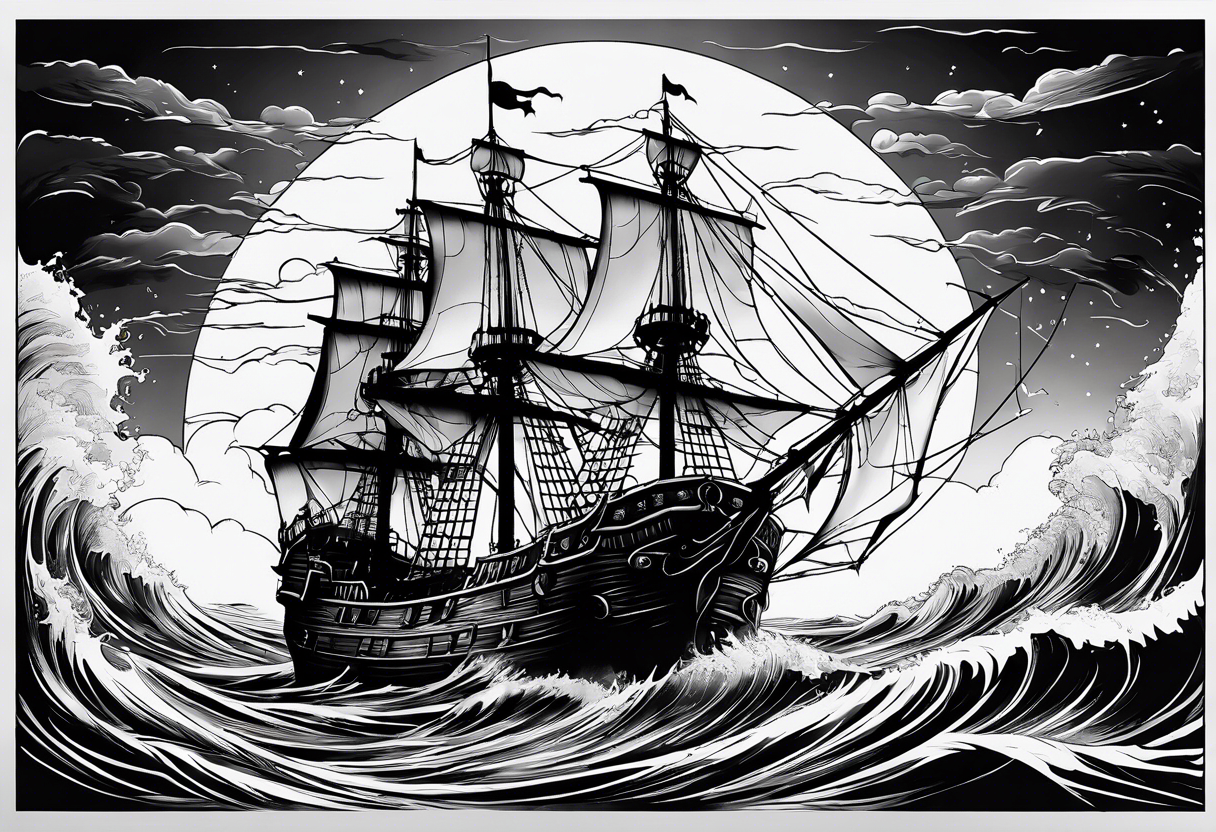 An old pirate ship sailing through rough waters during the night with a full moon tattoo idea