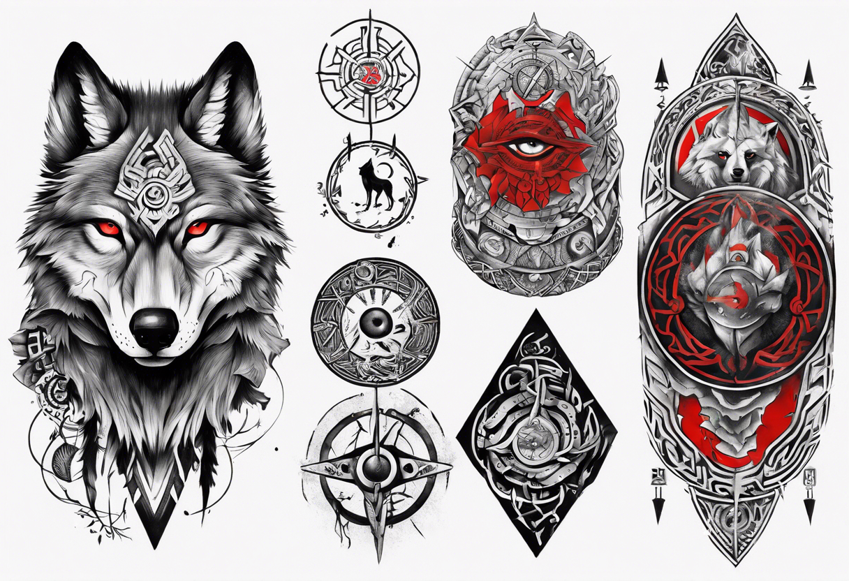 want a half sleeve on my left forearm featuring a side profile of wolf with a vegvisir for its pupil and red eye, surrounded by Māori patterns and Norse symbols tattoo idea