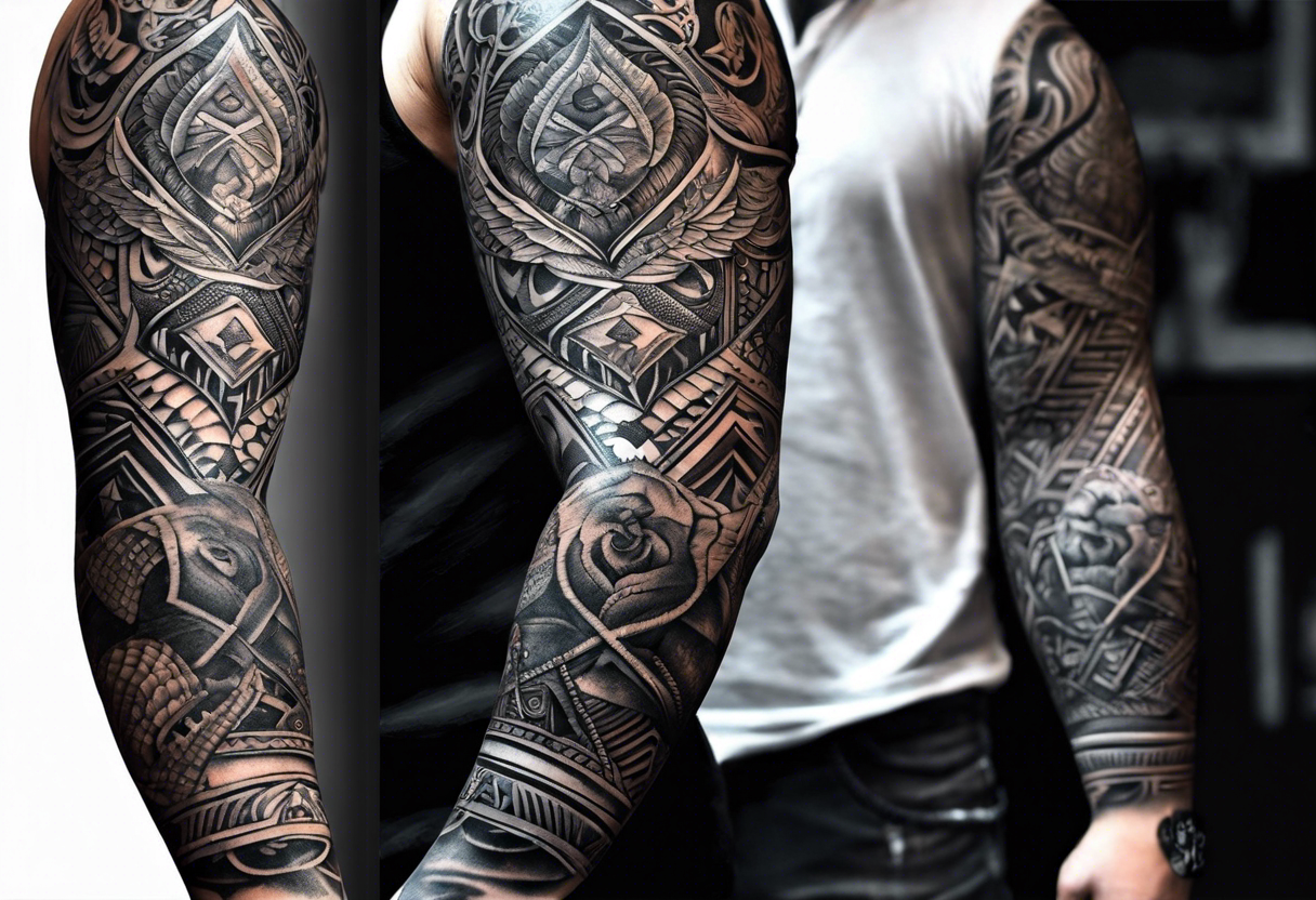 I'd like a full arm sleeve for a man. Mixture of realistic and tribal. I want to reflect strength, love and freedom. Do not include human faces. tattoo idea