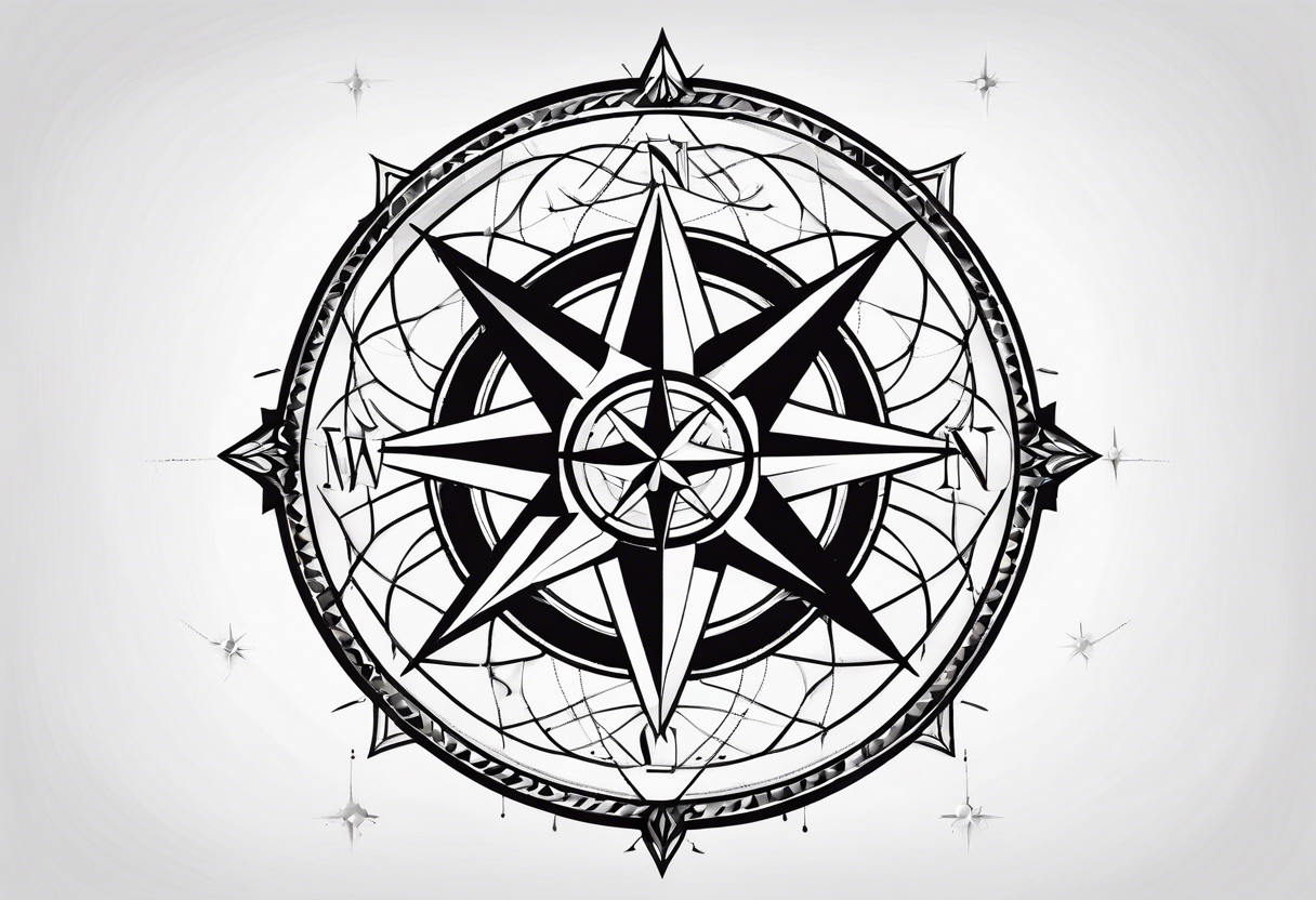 a classic compass rose as the central element with a molecular structure of serotonin tattoo idea