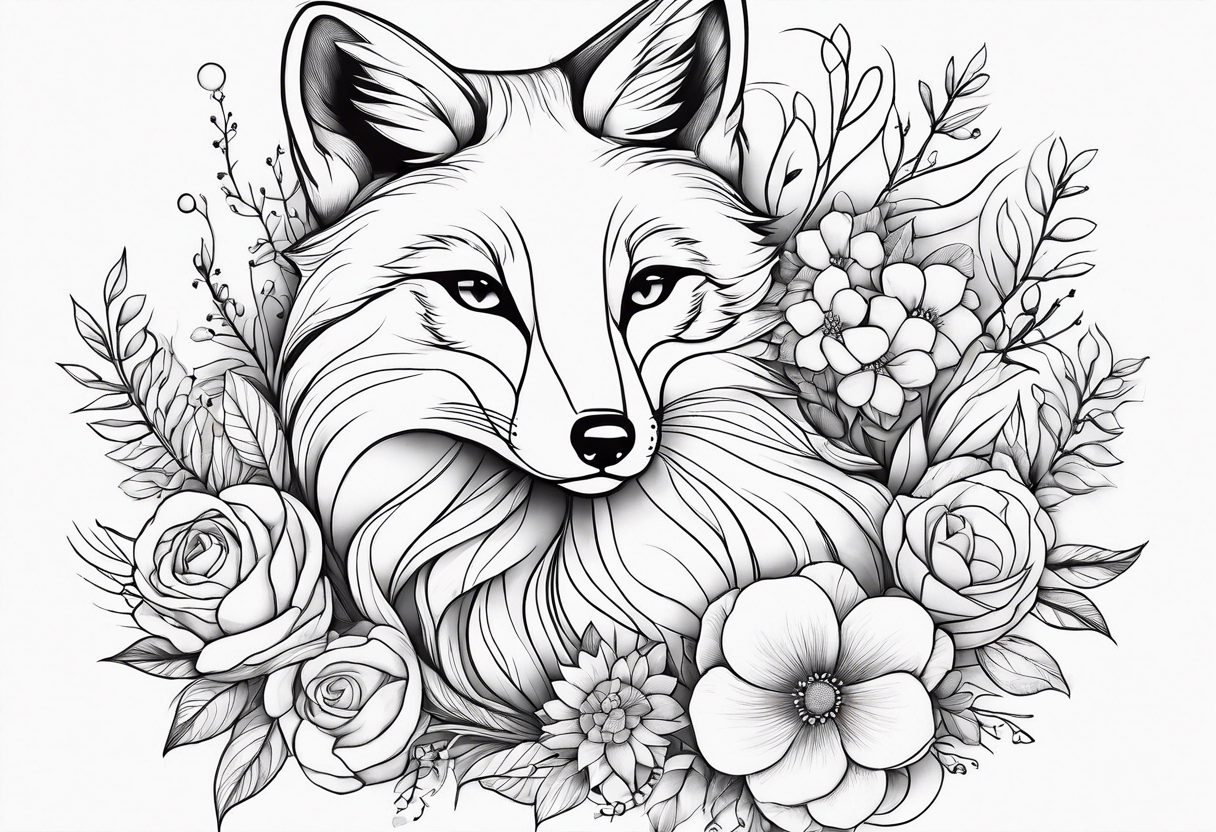 feminin minimalist flowers with fox full body thin line tattoo idea