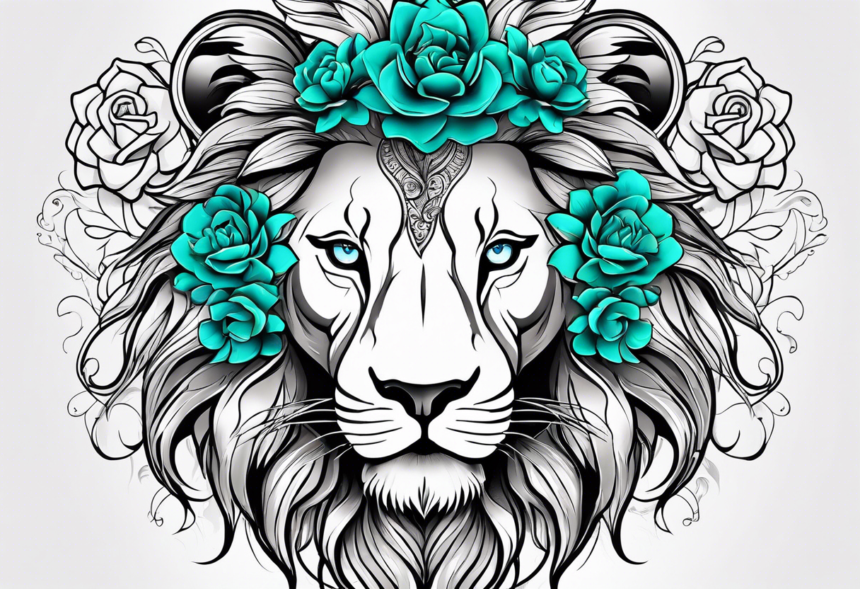 Lion face half delicate half lion one eye blue one eye green a flowers and butterflies on delicate side tattoo idea