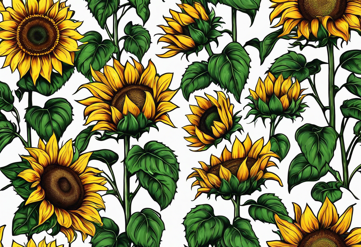 7 different species of sunflower laid out in 2 diagonal rows outline tattoo idea