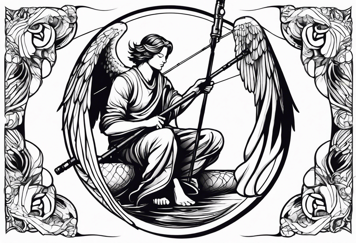 male angel with a halo sitting peacefully holding a modern fishing rod tattoo idea