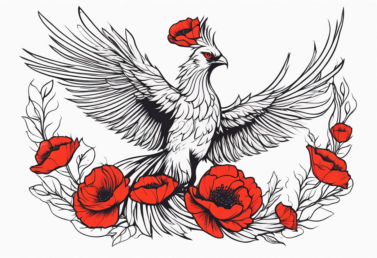 diving pheonix with long feathery tail holding red poppies tattoo idea