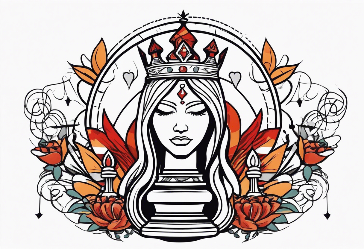 chess queen piece with two pawns on her side with spiritual motifs overhead tattoo idea