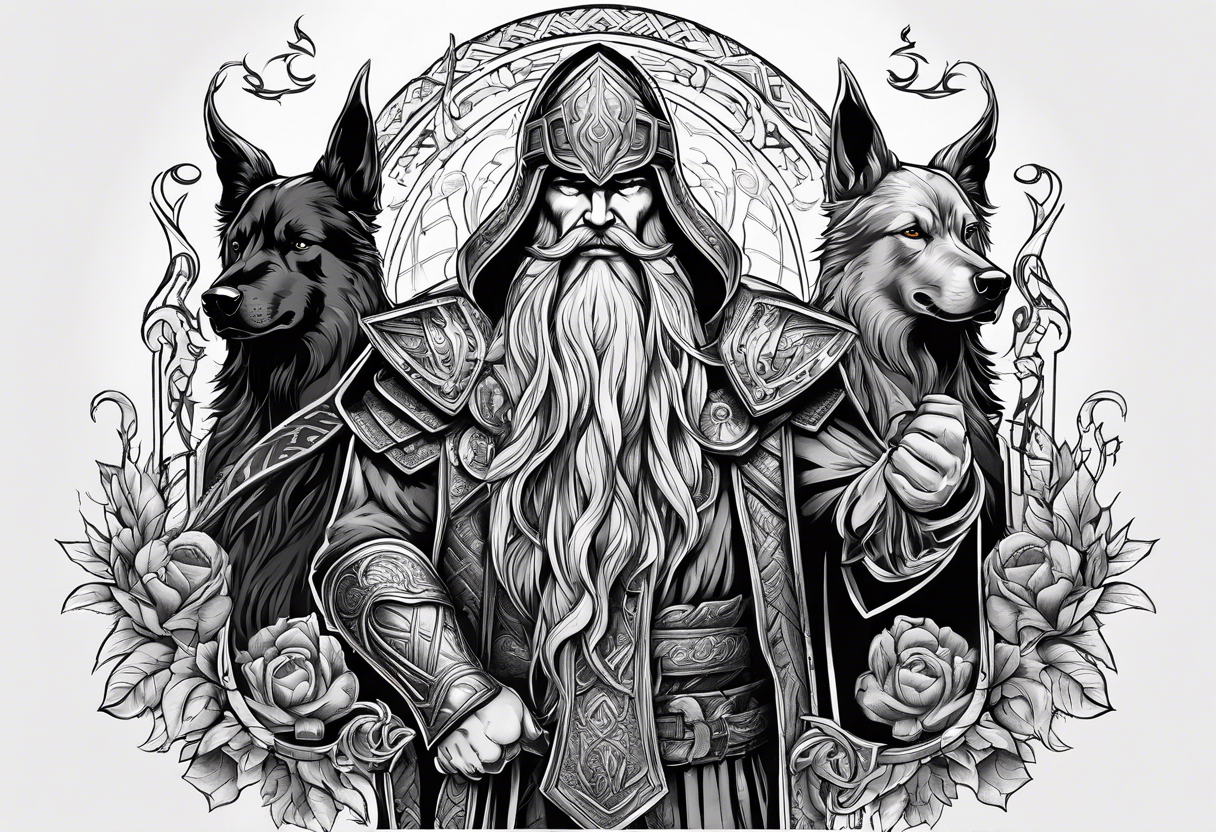 Odin mit Thor und darunter Hades mit sein dreiköpfigen Hund tattoo idea