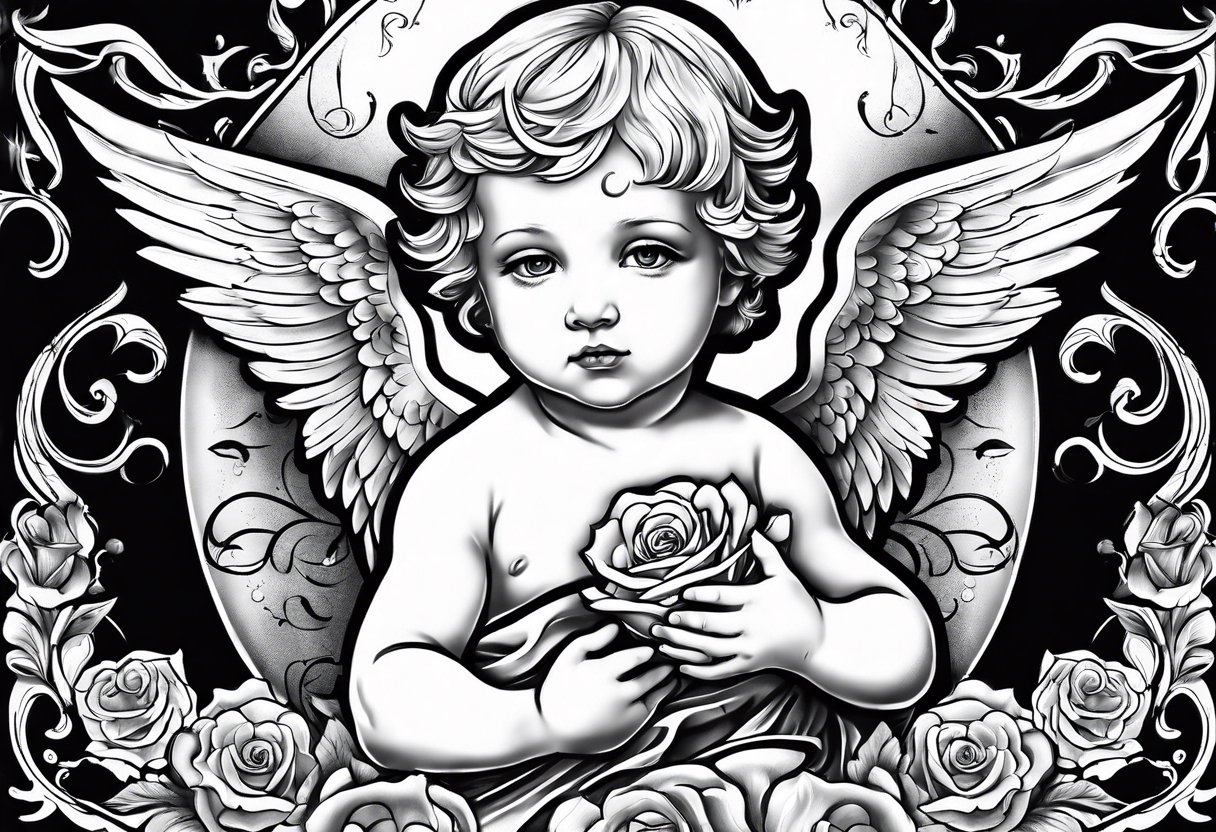 A baby angel with the letters Lev Livet Mens du kan tattoo idea