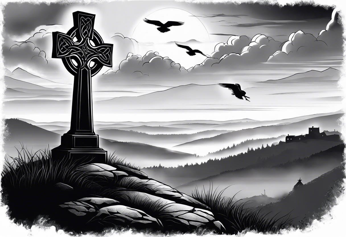 A stone Celtic cross solemnly standing atop a hill, a flock of ravens flies by in the distance. Mist rolls along the hilltops adding to the melancholic nature of the scene tattoo idea