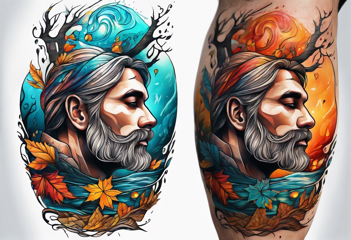 knee tattoo in fall colors with bluw water flow tattoo idea