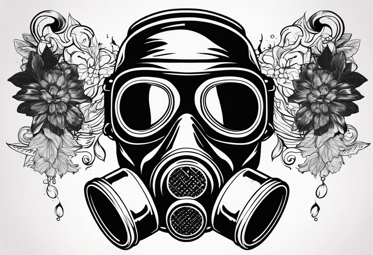 Gas mask with smoke coming out of it and scenes in the lenses tattoo idea