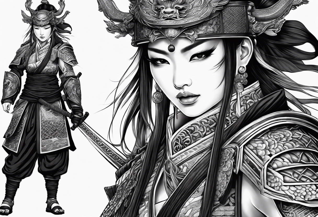 full body female warrior in samurai clothing half covering her face with a mask and twin dragons tattoo idea