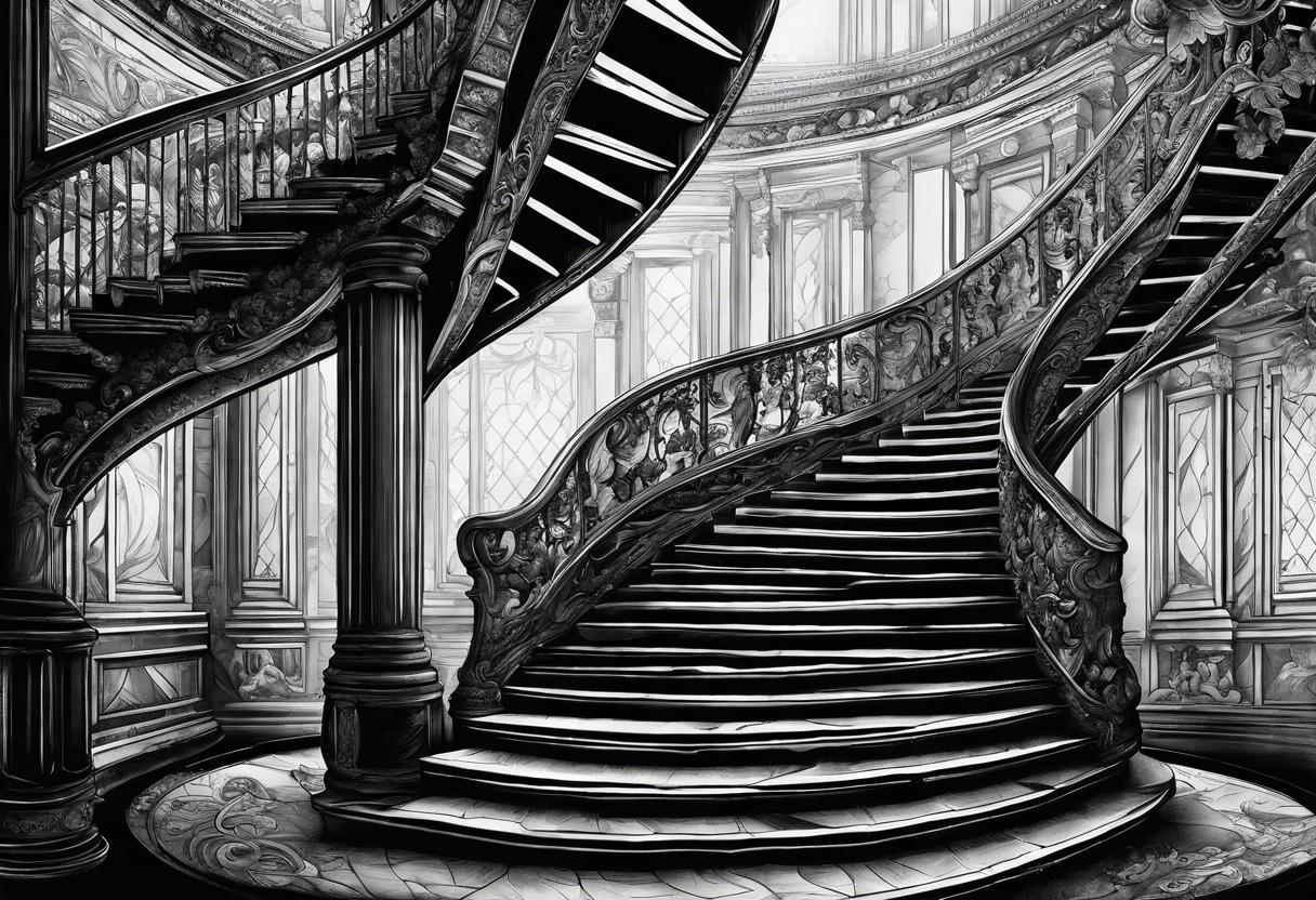 Man walking up a Deteriorating spiral stair case with falling steps tattoo idea