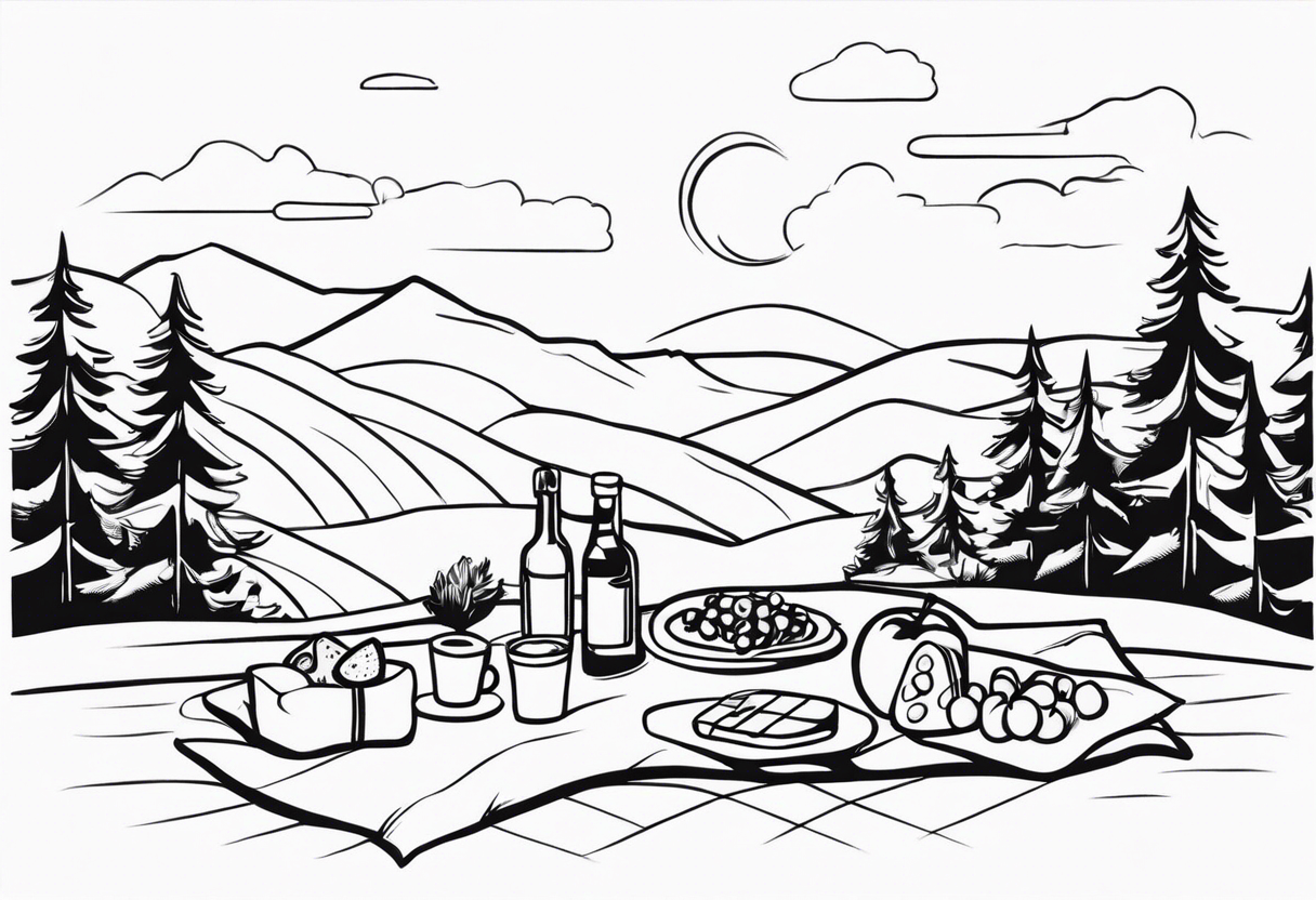 minimalstic picnic scene in nature on a blanket, without food in sight tattoo idea