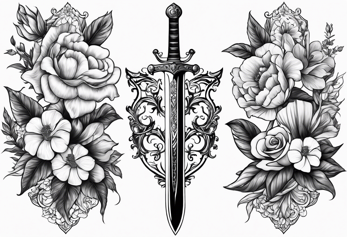 Sword with January, May and June birth flowers wrapped around it. tattoo idea