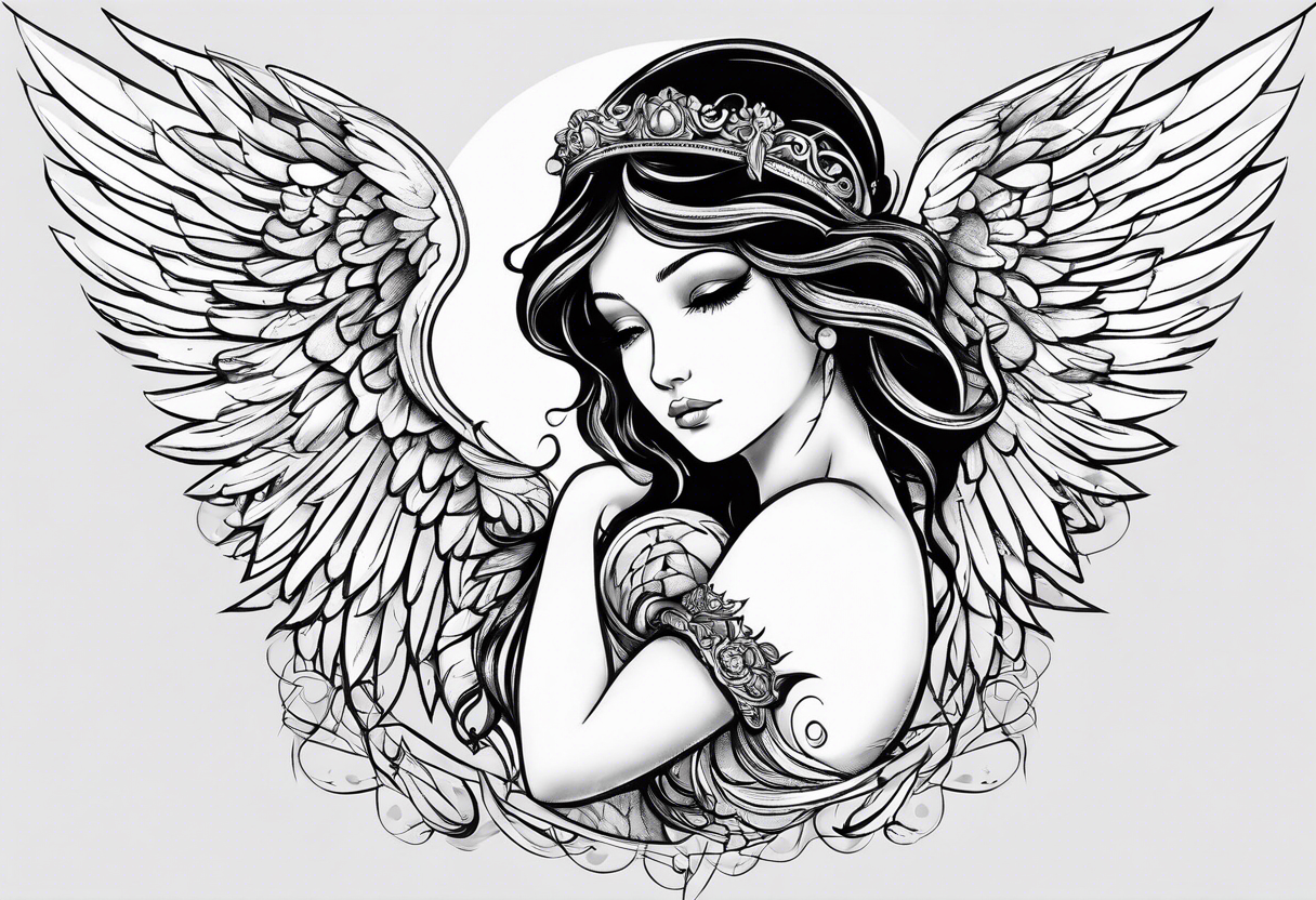 small angel with wings and heart on hands tattoo idea