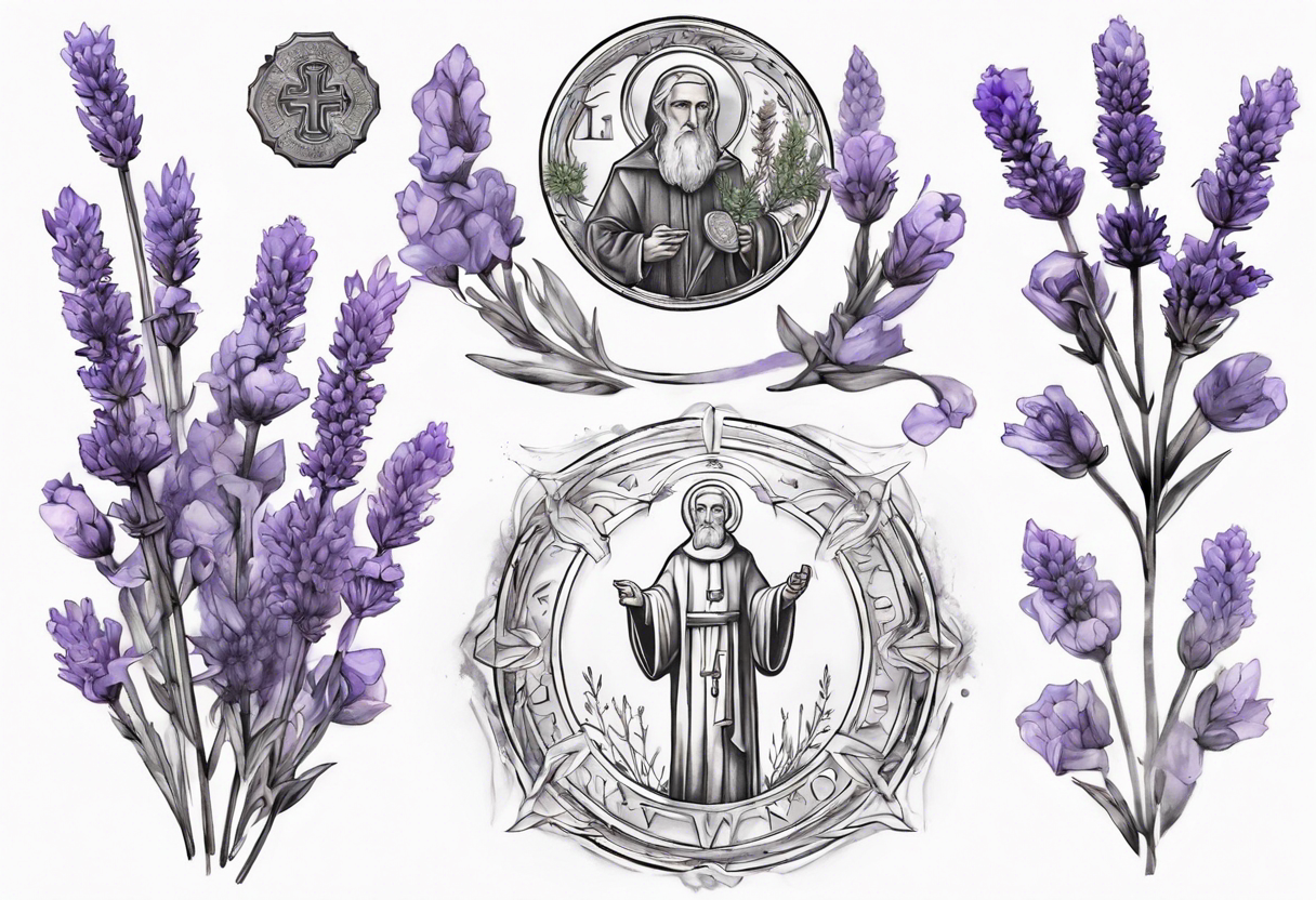 Double exposure of lavender flowers with the Saint Benedict medal, for a tattoo tattoo idea