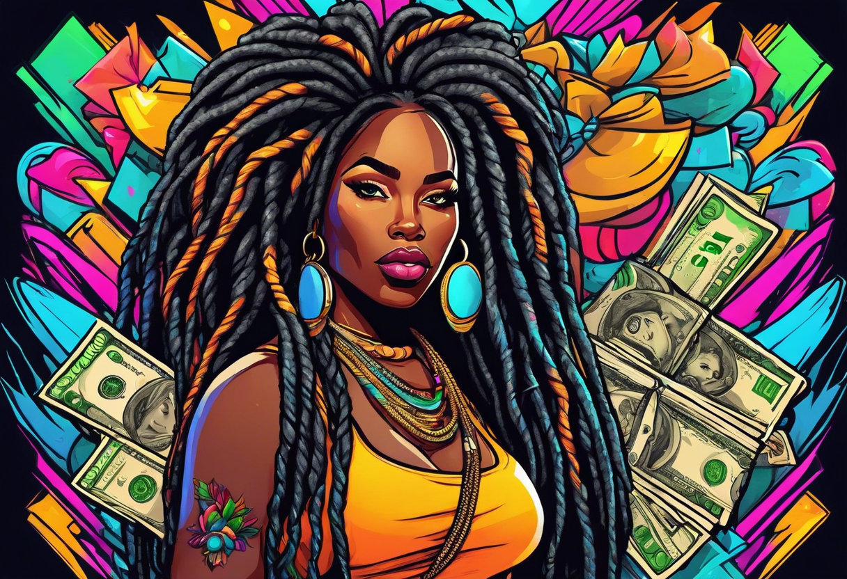 beautiful thick black women with long straight dreadlocks, new school style, holding piles of money, colorful, neon, bright, streetwear, streetstyle, urban tattoo idea