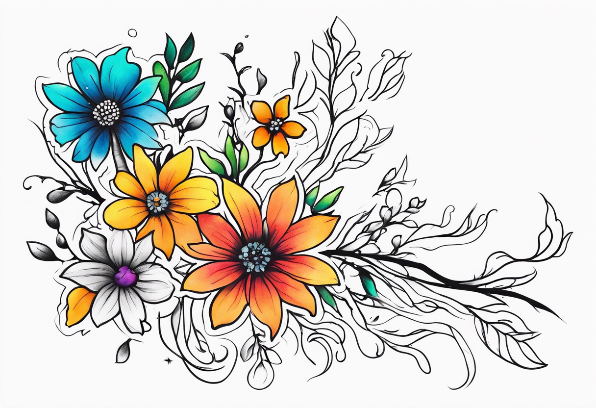 A black and white small damaged neuron with color florals tattoo idea