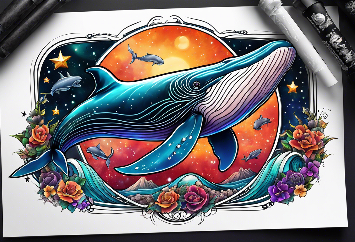 whales in outer space tattoo idea