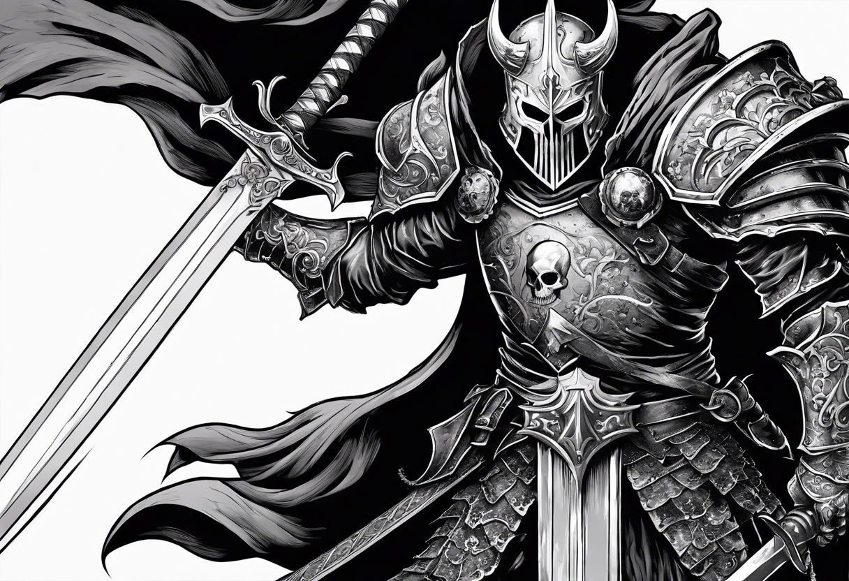 SkullKnight from the manga Berserk holding his sword downwards, his cloak fading into Guts. tattoo idea