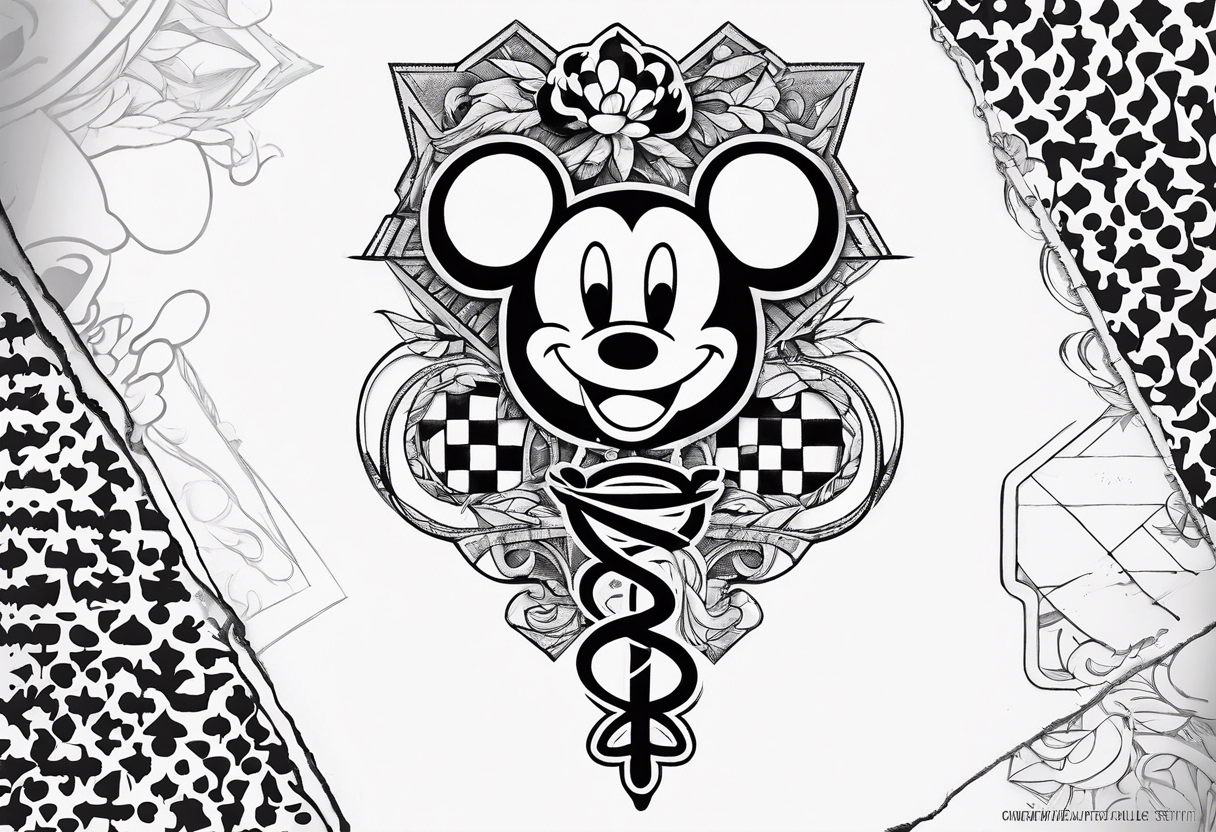 Tattoo full left arm with a collage of  a medicine caduceus and a mickey mouse silhouette tattoo idea