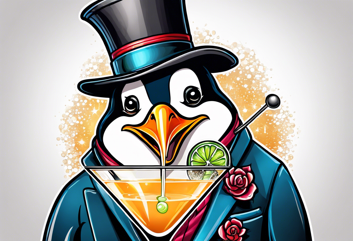 Classy penguin drinking a martini tattoo idea