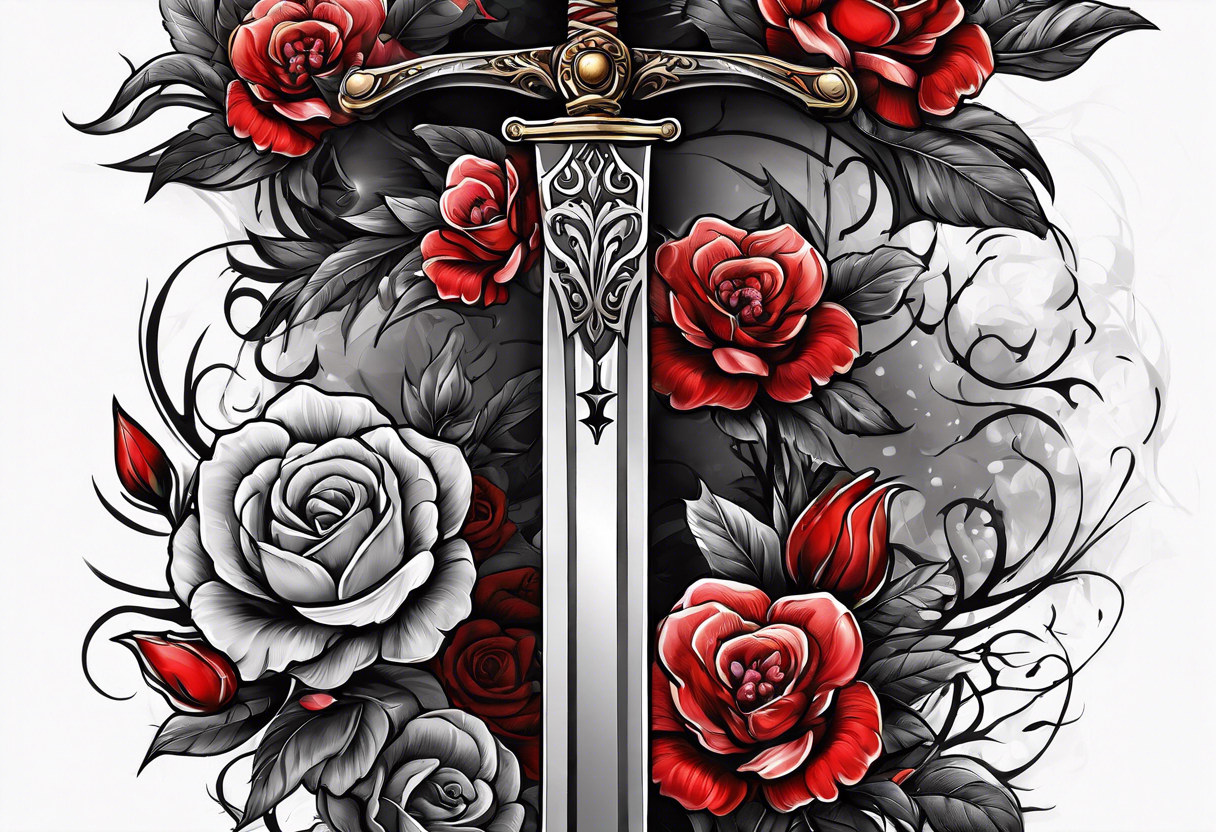 bloody sword with flowers tattoo idea