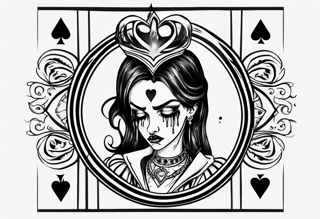 simple queen of hearts crying black tears, with blank eyes tattoo idea