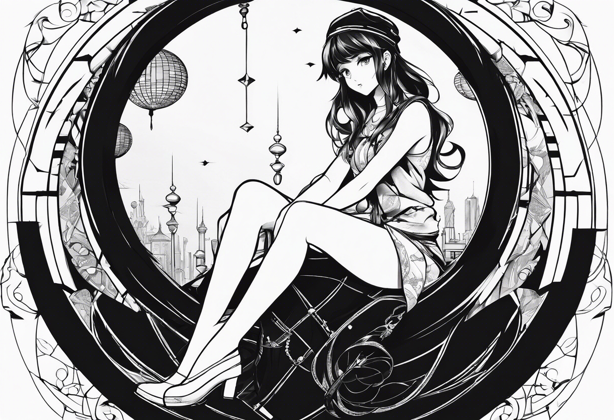 an anime girl sitting on a small sphere, staring front tattoo idea