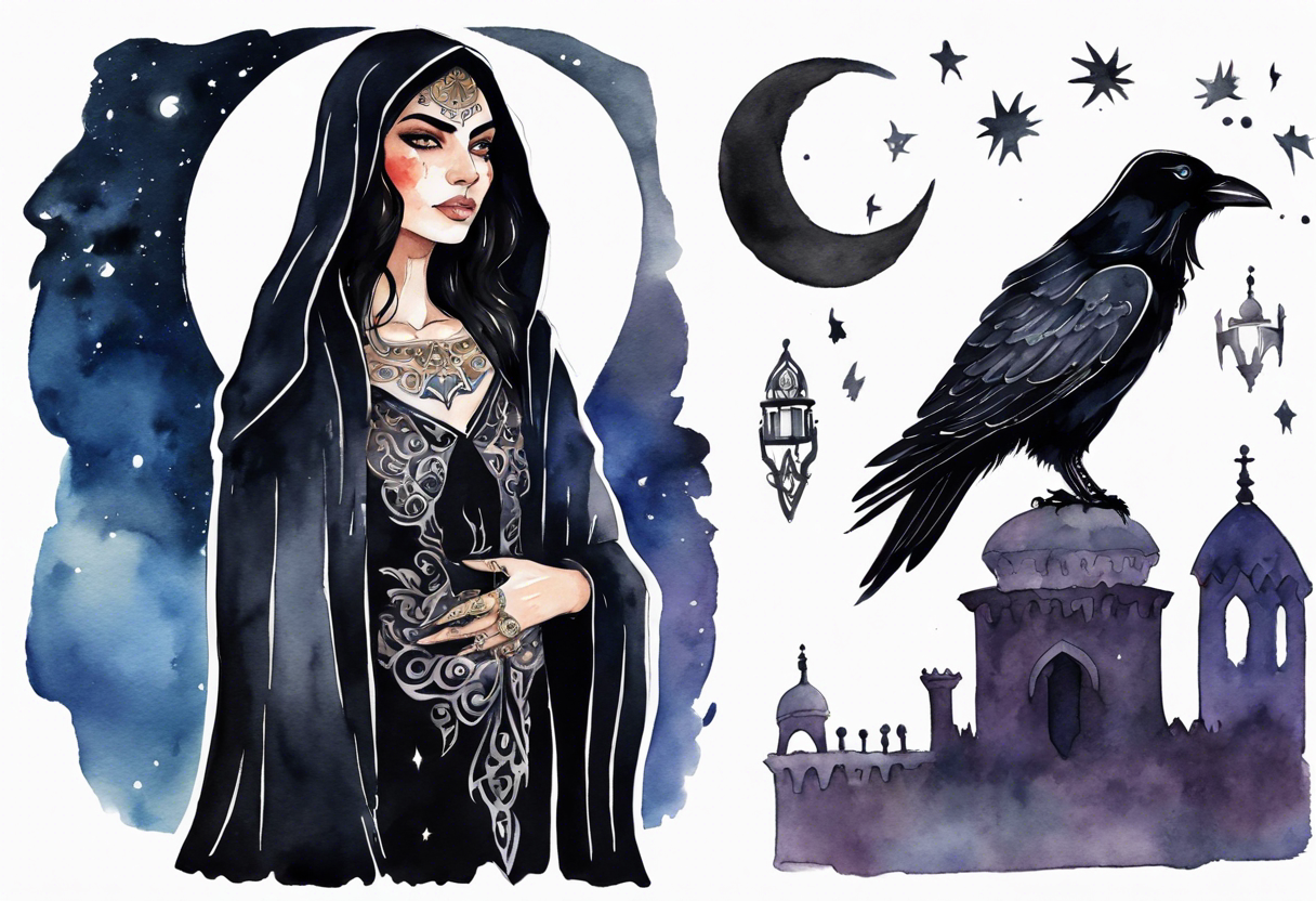 Watercolor of a Persian woman with a black cloak, standing before the night sky, a raven on her shoulder tattoo idea