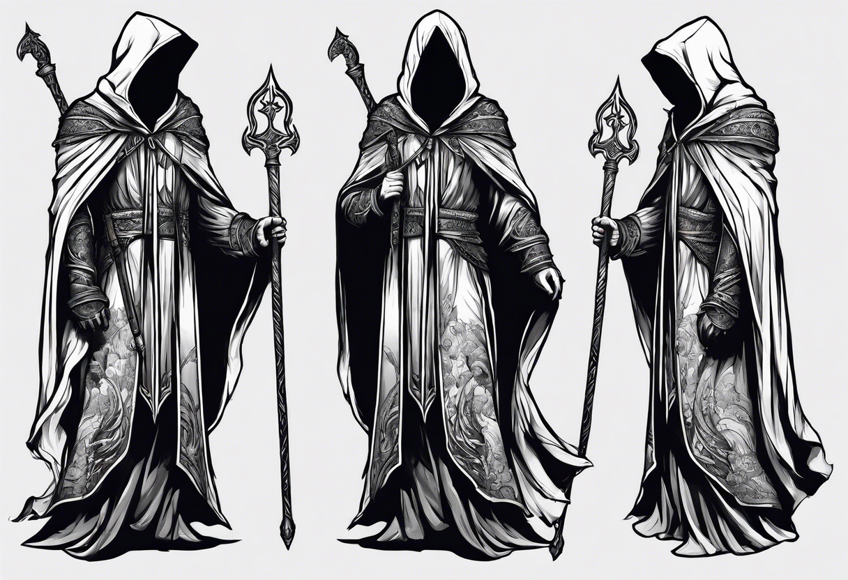 Hooded figure with shaded face carrying staff and wearing a long torn cloak tattoo idea