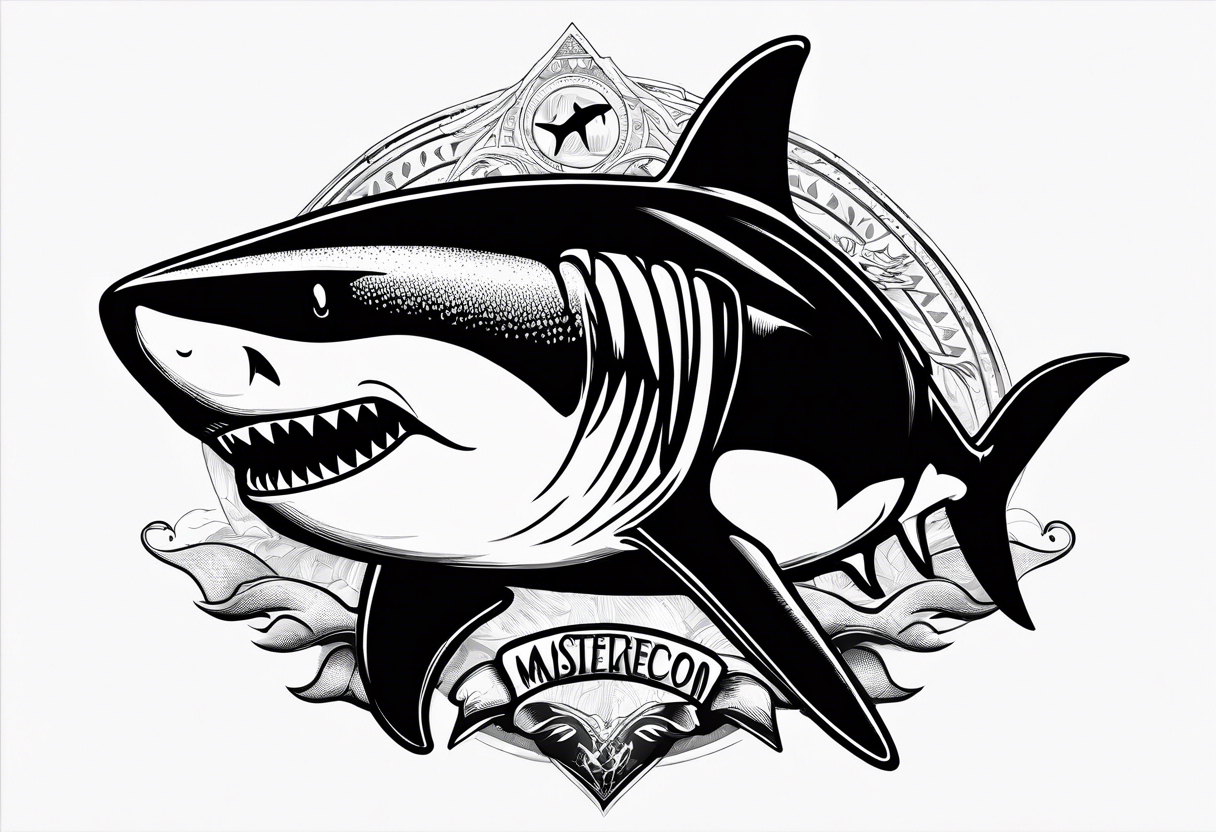 megalodon ni text vertically with the cute shark and the water wrapping around the text tattoo idea