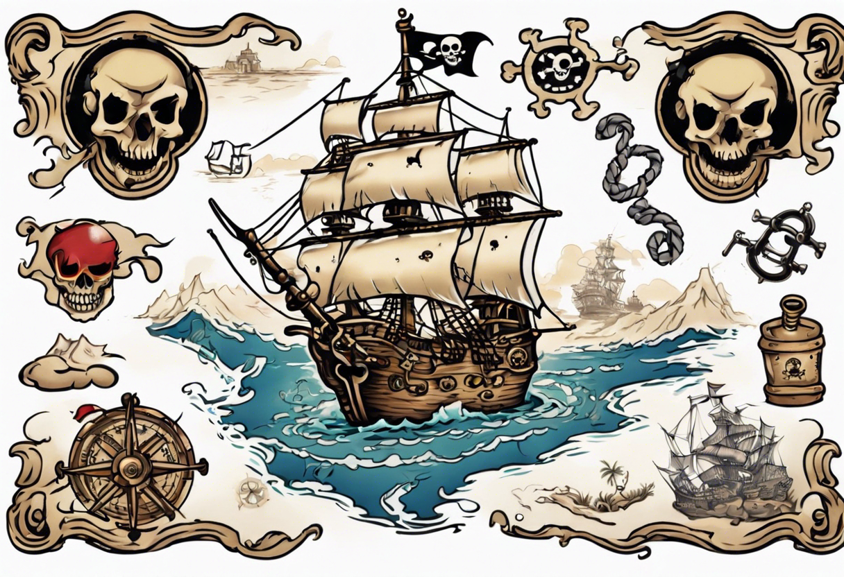 A back tattoo of a pirate treasure map with an island shaped like a big  skull with clues to different areas of treasure tattoo idea | TattoosAI