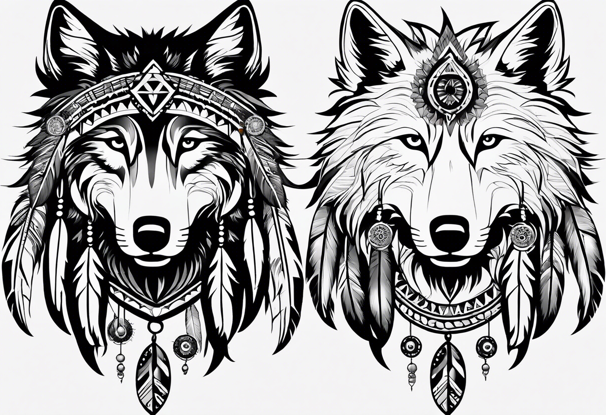 Inspired by Native American art, featuring traditional patterns and symbols like feathers and dreamcatchers integrated with the wolf’s image. tattoo idea