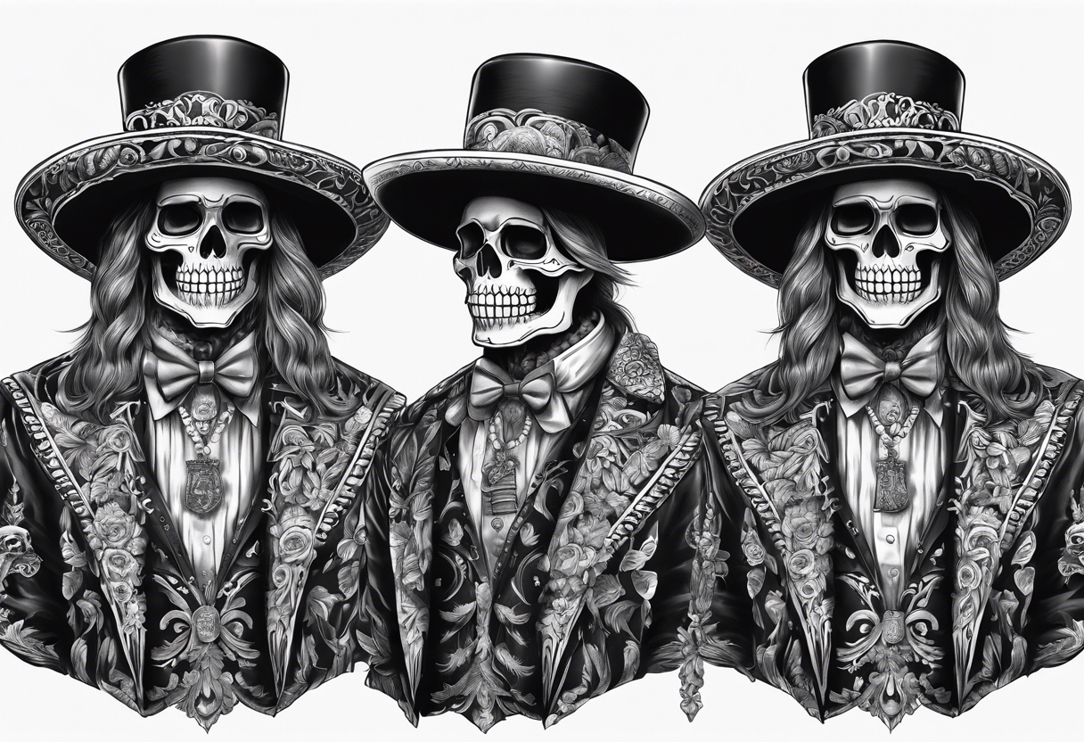 full body of skeleton in the suit with hat in mexican style, similar to santa muerte tattoo idea