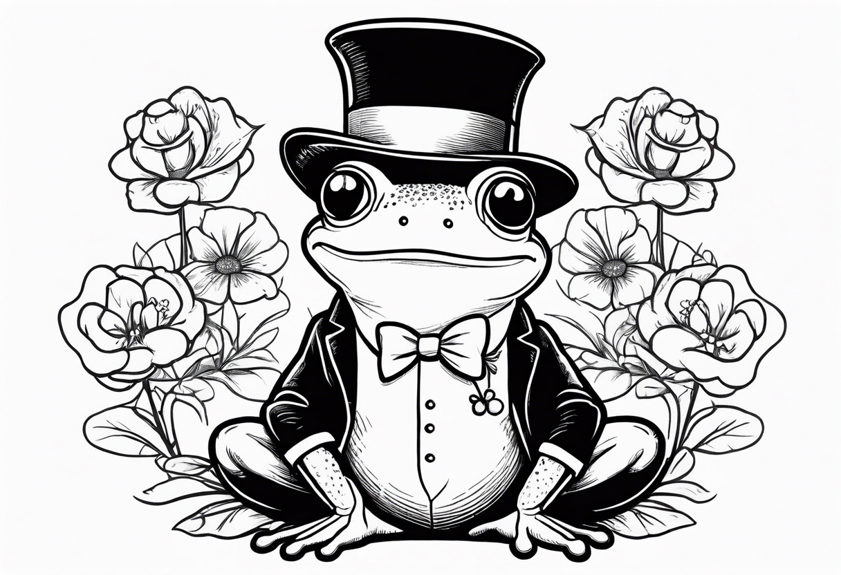 Cute Frog smiling wearing top hat and a suit standing on its Back legs while holding flowers tattoo idea