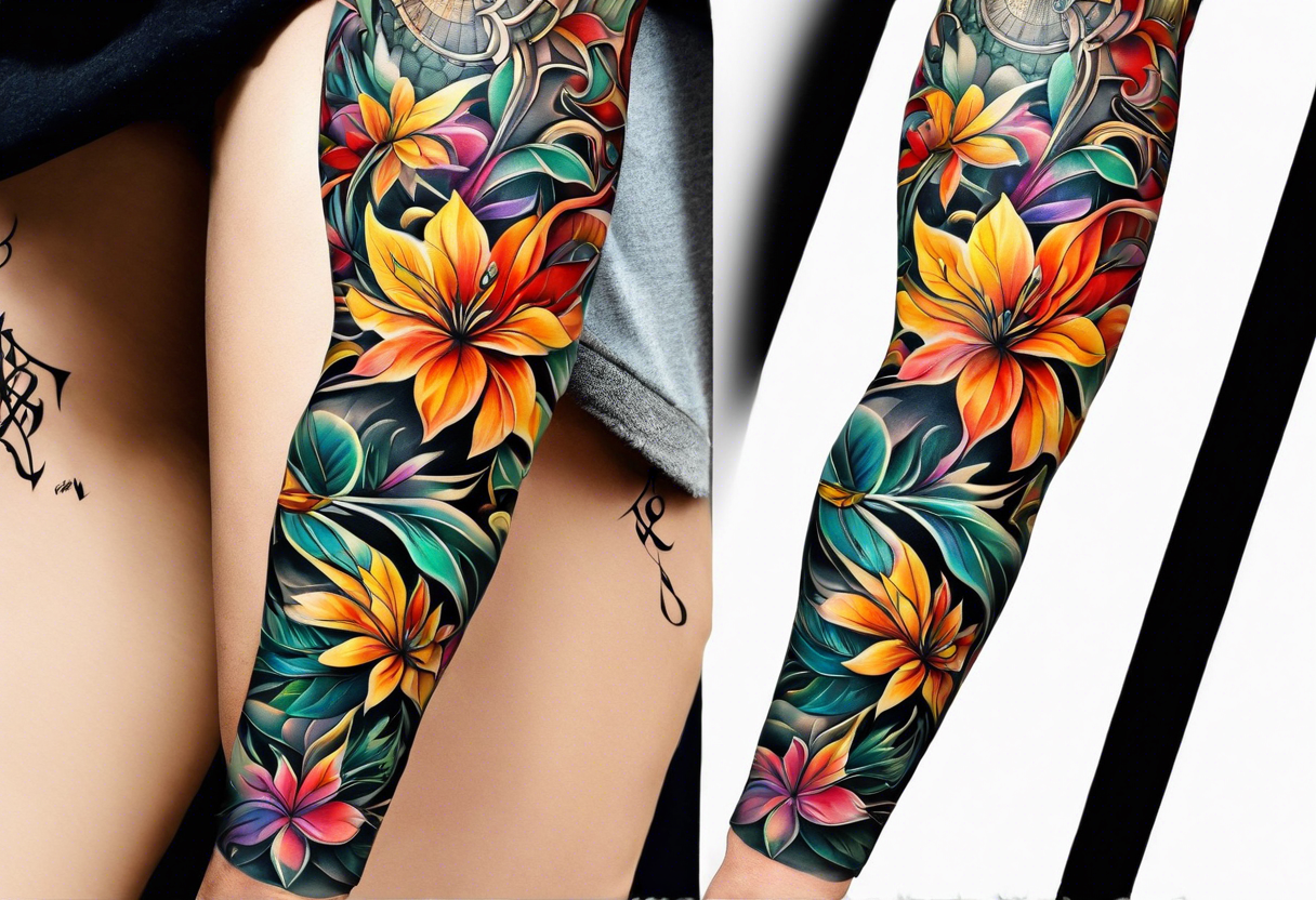 arm sleeve with fall colors, flowers, water, leaves and various shapes, music staff tattoo idea