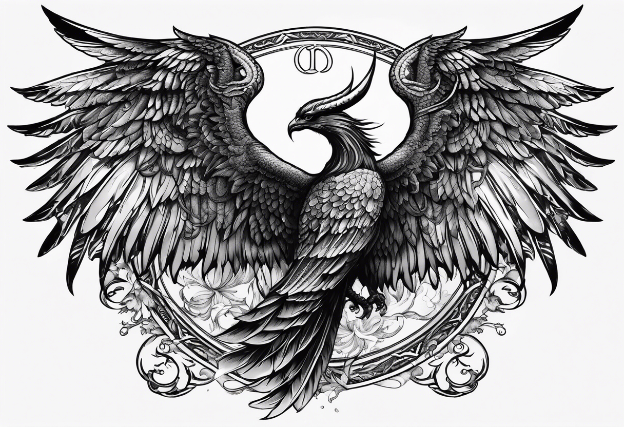 the number 13 with one angel wing and one demon wing, with the karma symbol tattoo idea