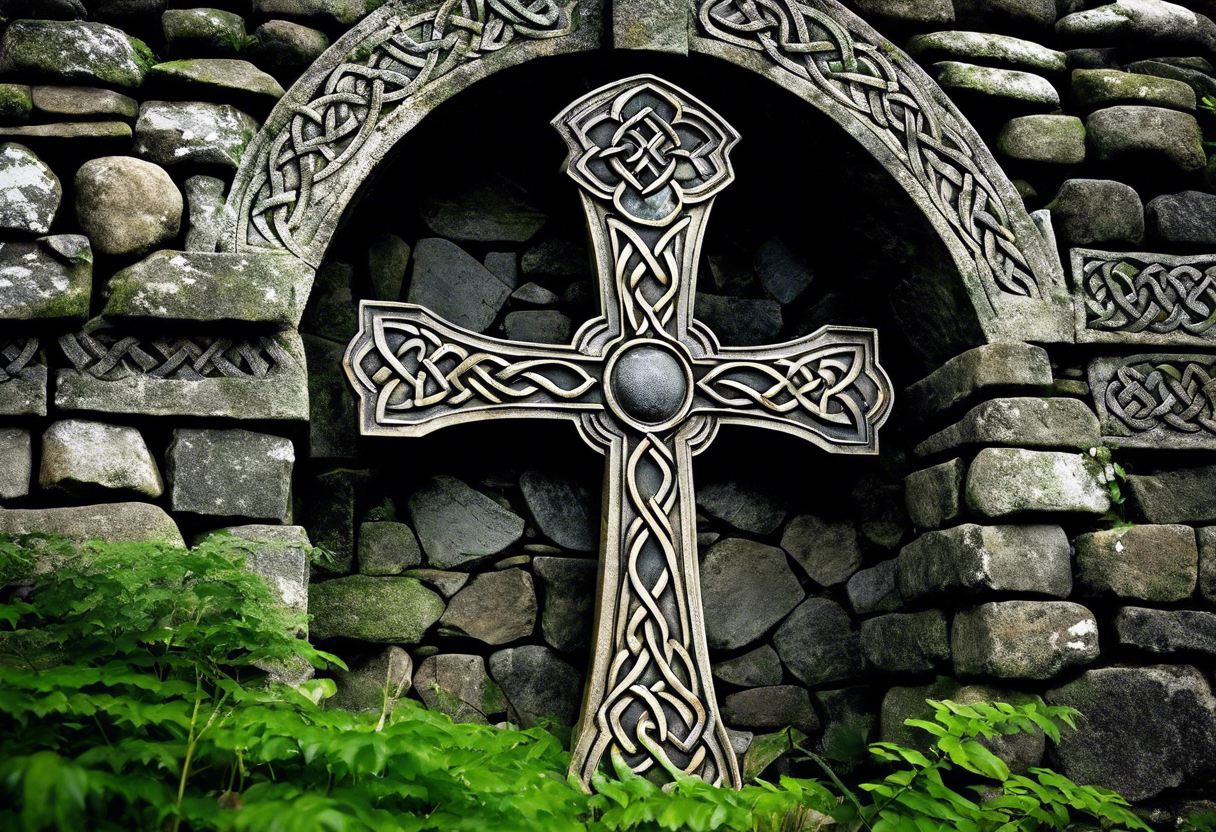 A stone Celtic cross, weathered and worn by the passage of time, standing resolutely at the base of a ruined stone wall. The cross is adorned with intricate Celtic knotwork, bearing witness to the craftsmanship of long-lost artisans. A raven, its ebony feathers shining in the dim light, perches on the arms of the cross, its head cocked to the side as it regards the desolate scene before it. The wall, once towering and majestic, now lies in ruin, its stones scattered haphazardly across the overgrown earth. Vines and creepers have woven themselves through the cracks and crevices, adding a touch of eerie greenery to the otherwise melancholic atmosphere. A gentle breeze rustles through the leaves, causing the raven to shift uneasily on its perch, as if it were the wind's way of whispering secrets long forgotten. The sky above is a somber shade of gray, heavy with the weight of impending rain, mirroring the solemn mood of the scene. tattoo idea