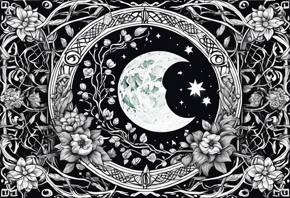 sleep token runes in the middle of a moon with tangled vines at the bottom with a dagger and flowers below it tattoo idea